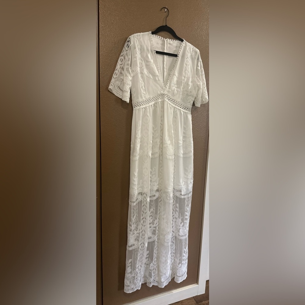 Ivory Floral Embroidered Lace Boho Maxi Dress Deep V-neck Fairycore Cottagcore. - Picture 6 of 14